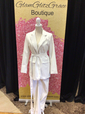 White Pleather Belted Flare Legged Pants Suit with Zipper On Side