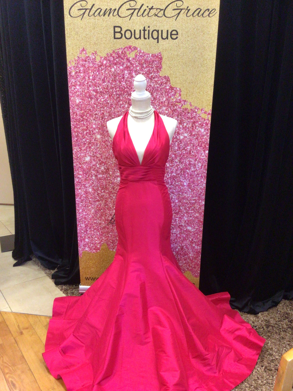 Mac Duggal sFuchsia Long V neck Halter Top Gown With Back Out