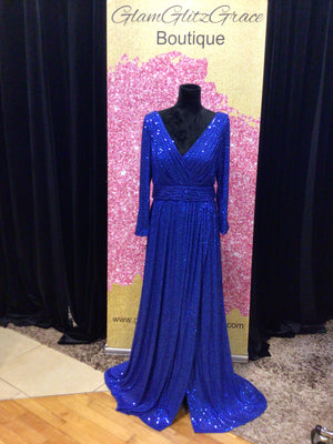 Royal Blue V- Neck Sequin Dress With Slit