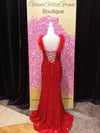 Red Sequin Feathers on Shoulders Lace Up Dress With Slit