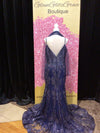 Navy Blue Spaghetti Strap Sequin Floral Patterned Sheer Mesh Dress