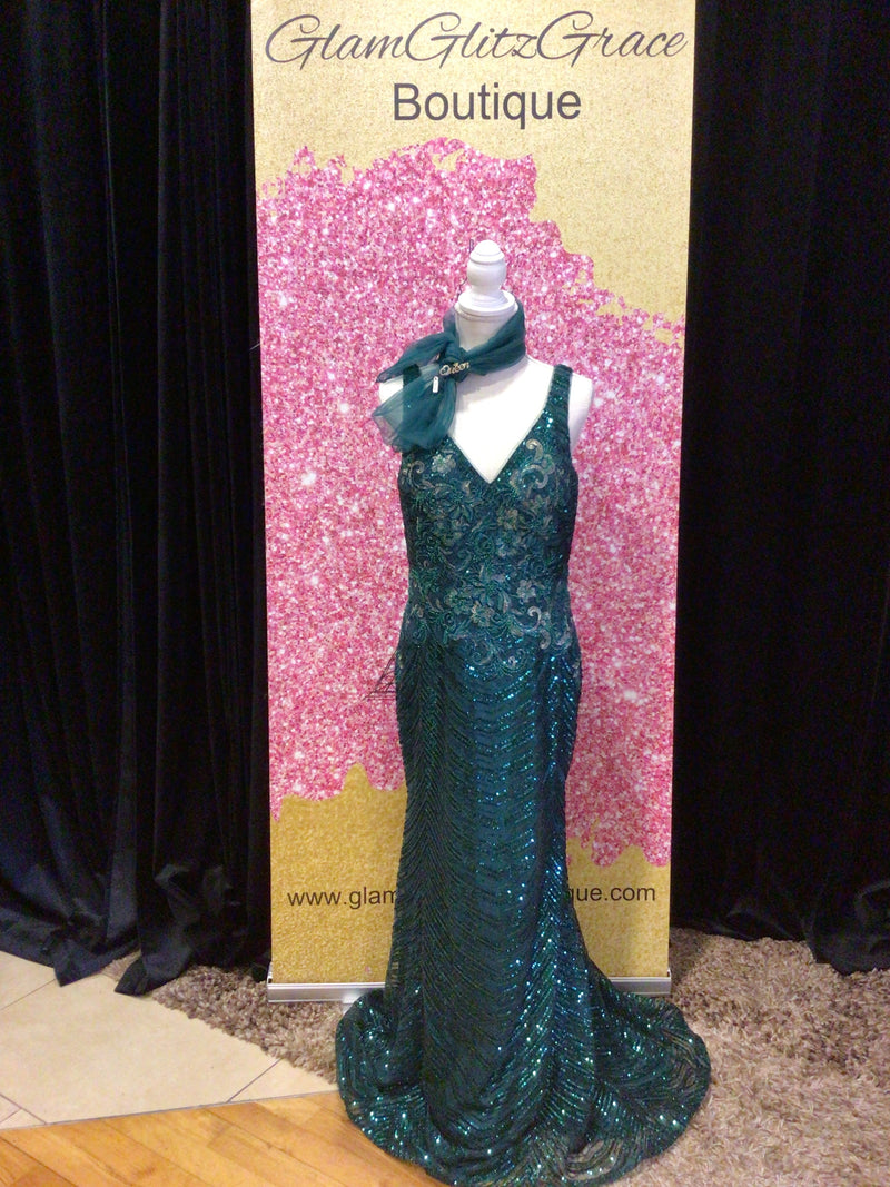 Green V-Cut Sequin With Gold Flower Embroidery Dress