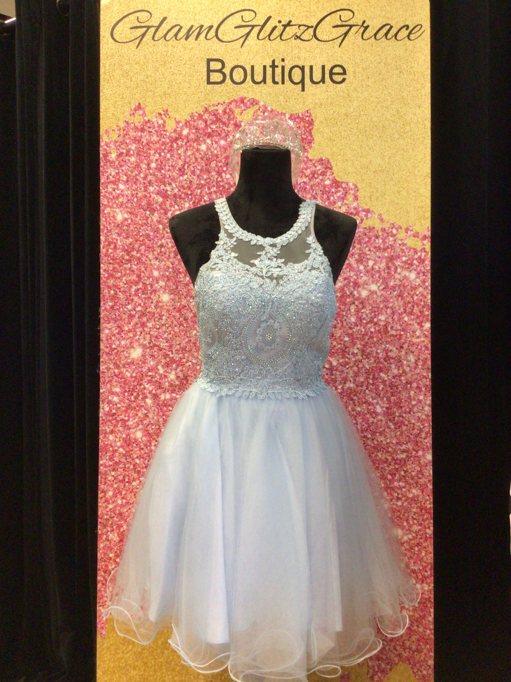 Ice blue Ladivine beaded A-line layered tulle dress