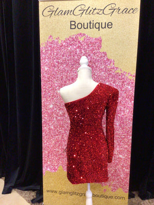 Red one shoulder sequin mini dress