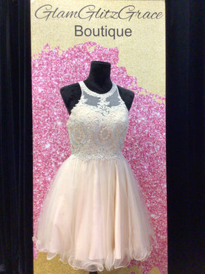 Champagne Ladivine beaded A-line layered tulle dress