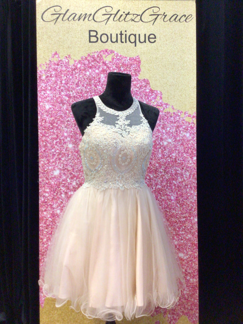 Champagne Ladivine beaded A-line layered tulle dress