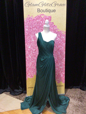 Emerald Green One Shoulder Pleated Dress With Slit