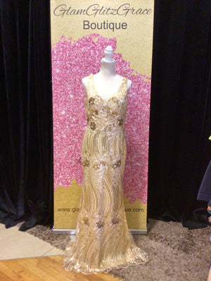 Gold V-Cut Sequin Flower Embroidery Dress