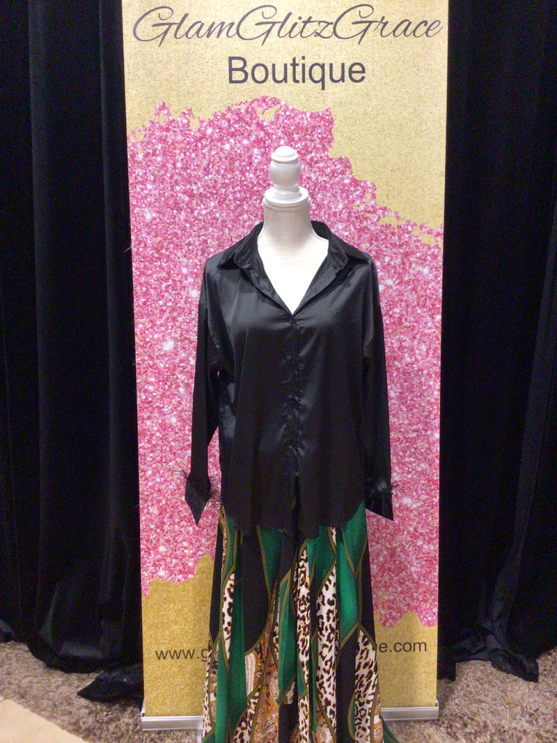 Black Long Sleeves Satin Blouse With Feathers