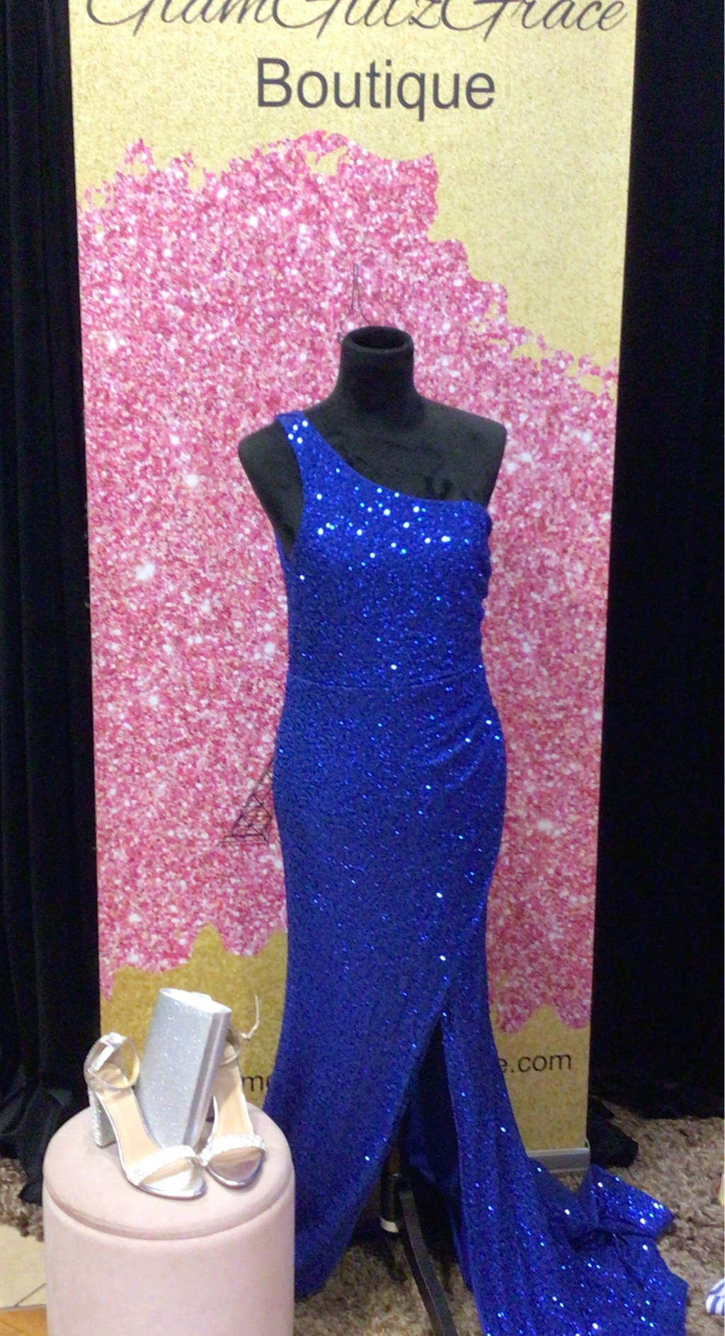 Royal blue sequin one shoulder strap dress by Ricauica