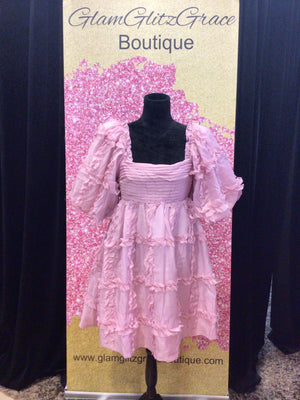 Pink Puff Sleeves Ruffles Tie in the Back Dress