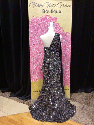 Plus Size Black Silver Sequin Cutout Drape Dress With Slit