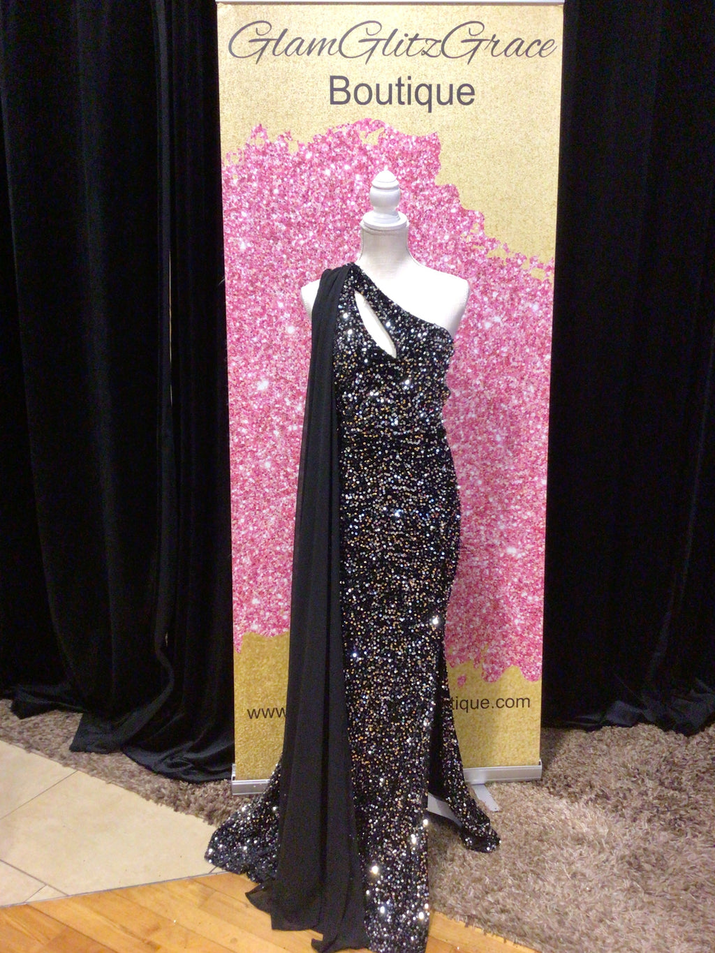 Plus Size Black Silver Sequin Cutout Drape Dress With Slit