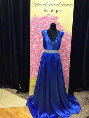 Royal Blue Sleeveless V-Cut Rhinestone Waist Dress