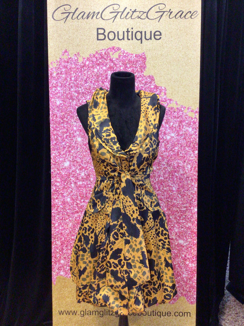 Gold Animal Print V-Neck Zip Up Dress