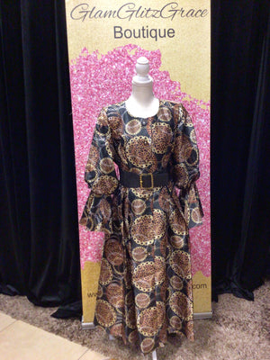 Plus Size Leopard Button Up Bell Sleeves Dress With Belt