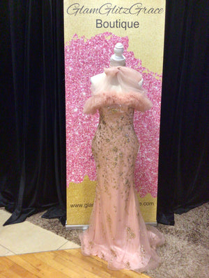 Rose Gold Sequin Tulle Off The Shoulder Dress