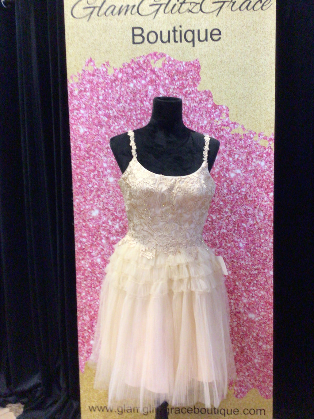 Champagne gold Ladivine beaded A-line layered tulle dress