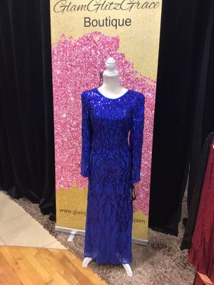 Royal Blue Long Skeeves Maxi Sequin Dress