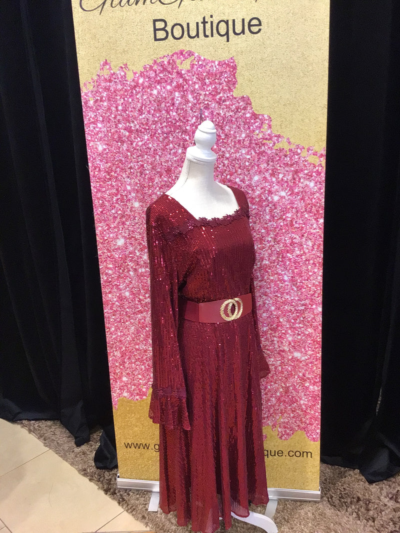 Burgundy Bell Sleeves Align Sequin Cocktail Dress
