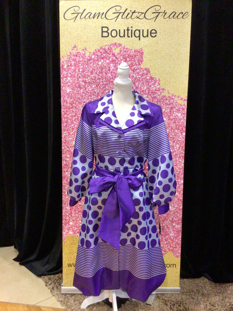 Purple Grey Patterned V-neck Dress With Belt