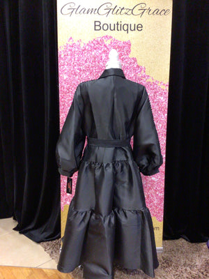 Black Button Up Embroidered Puffy Sleeves Dress With Belt