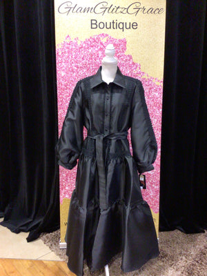 Black Button Up Embroidered Puffy Sleeves Dress With Belt