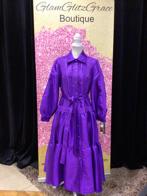 Purple Button Up Embroidered Puffy Sleeves Dress With Belt