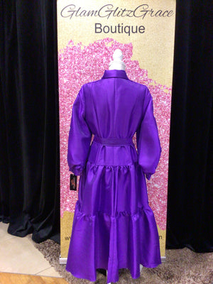 Purple Button Up Embroidered Puffy Sleeves Dress With Belt