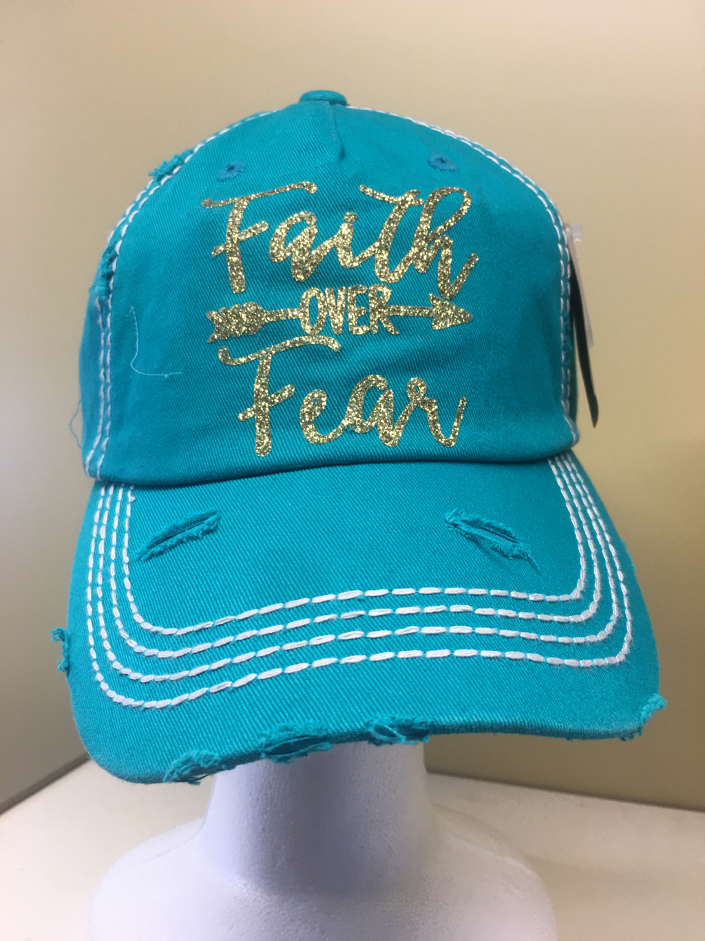 KBETHOS Vintage Distressed Blue/Gold Faith Over Fear Hat - GlamGlitzGrace Boutique