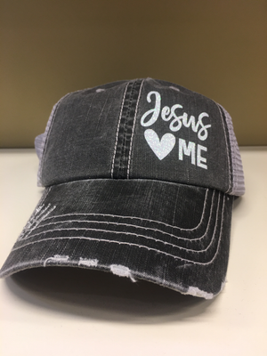 Ashy Gray Distressed Jesus loves Me Hat - GlamGlitzGrace Boutique