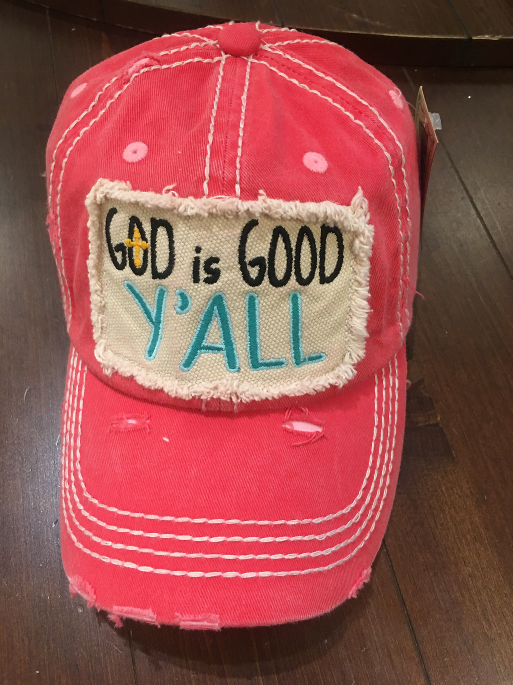 KBETHOS Vintage Pink Distressed God is Good Y’all Hat - GlamGlitzGrace Boutique