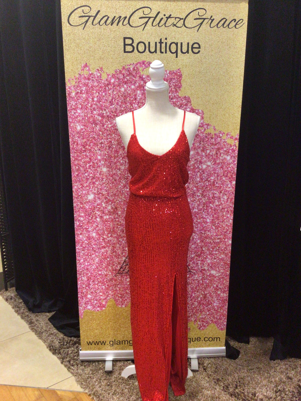 Red Sequin Spaghetti Strap V Cut Dress With Slit