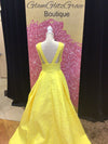 Yellow V Neck Back Out With White Floral Pattern Gown