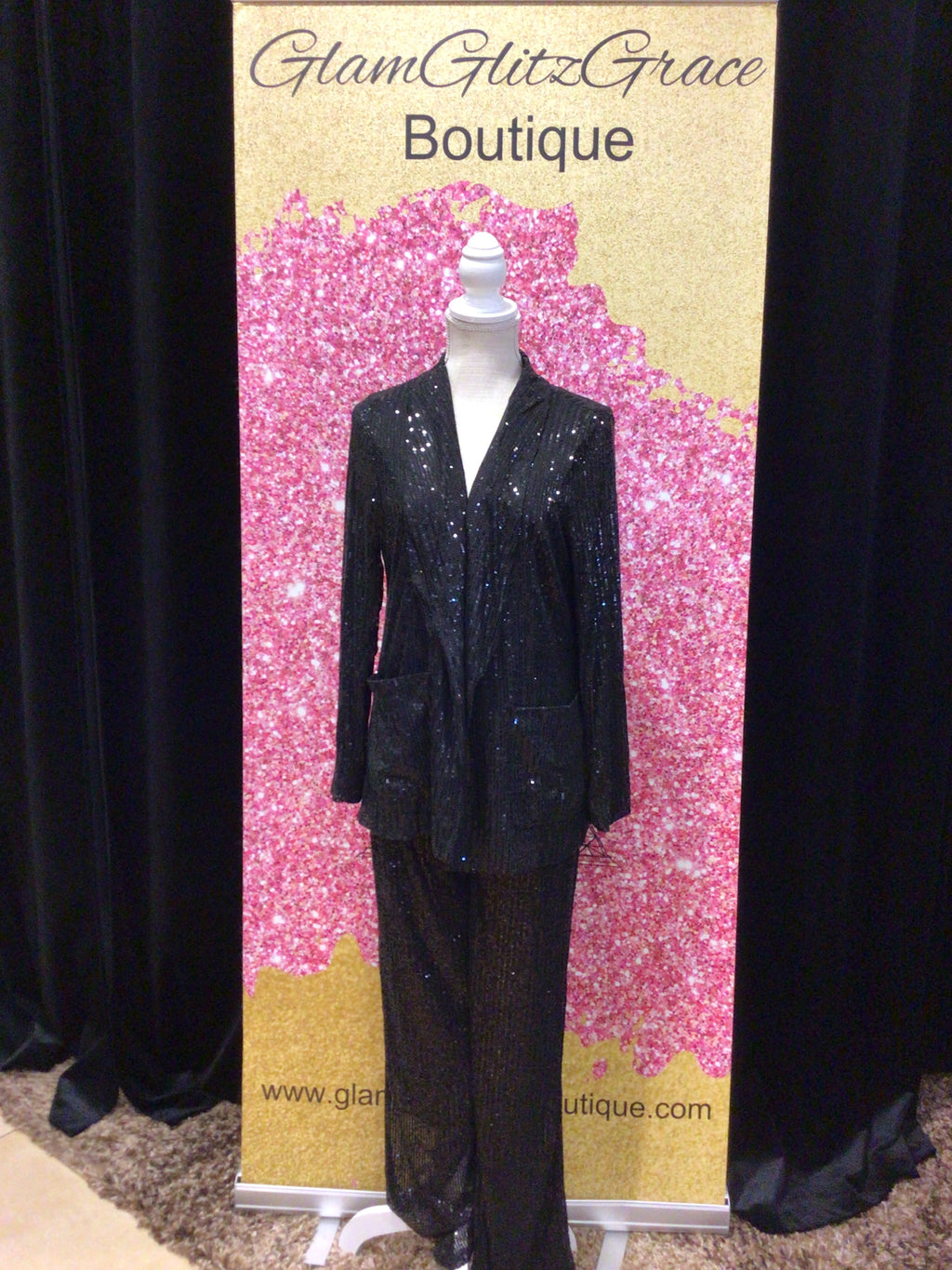 Black Sequin Open Collared Lined Jacket