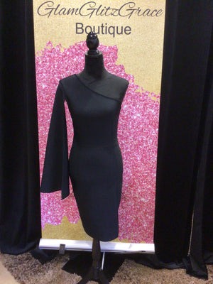 One Shoulder Fitted Black Dressy Dress With High Slit