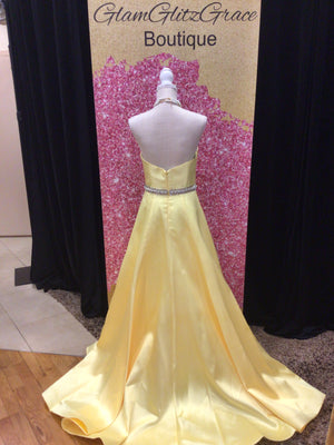 Yellow Strapless Rhinestone Pearl Waist Gown