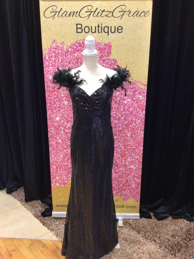 Black Sequin Formal Off The Shoulder With Feathers Dress