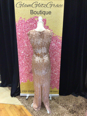 Rose Gold Sequin Rhinestone Cowl Neck Line Fitted Evening Dress