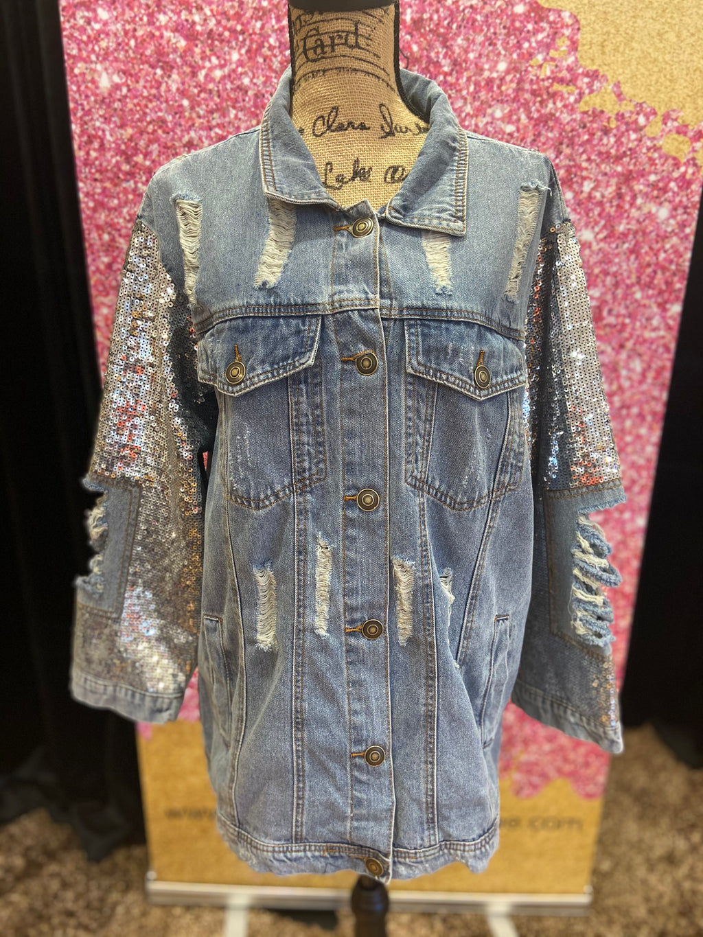 Ripped Denim Jacket with Silver Sequins