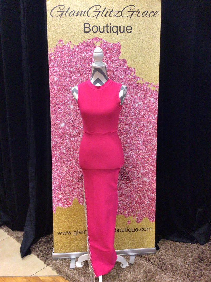 Fitted Mock Neck Dress With Slit and Bling on the side