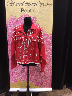 Red Distressed Denim Jacket With Pearls and Bling