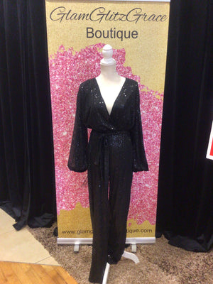 Plus Size Black Long Sleeves Sequin Jumpsuit With Belt