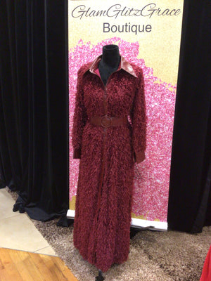 Burgundy Feather Fur Maxi Coat With Faux Leather Belt