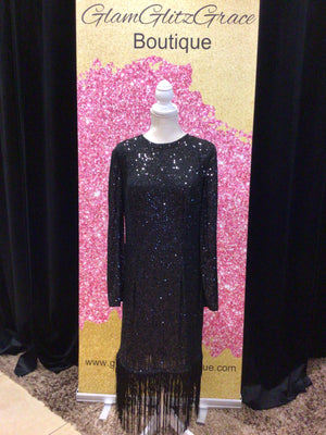 Black Sequin Fringe Midi Dress
