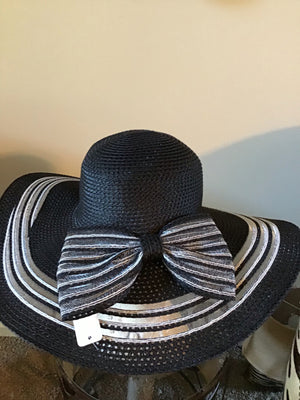 Black w white trim Hat w/ Ribbon bow - GlamGlitzGrace Boutique