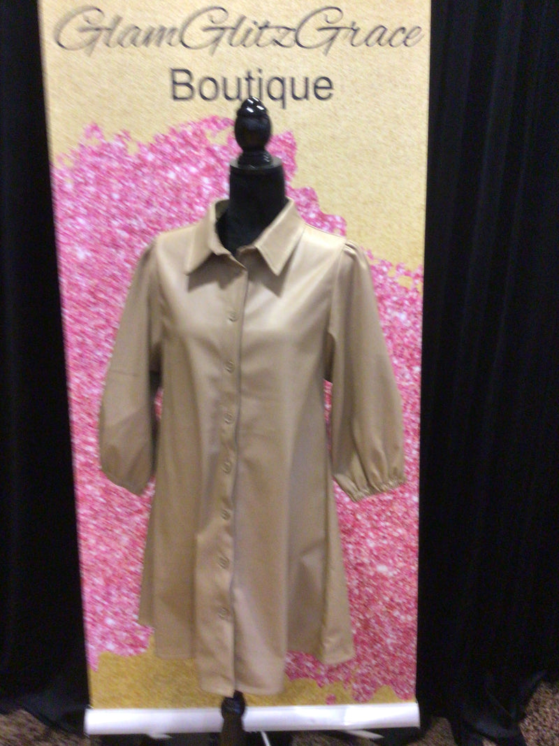 Puffed Sleeves Taupe Faux Leather Dress