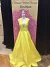 Yellow V Neck Back Out With White Floral Pattern Gown
