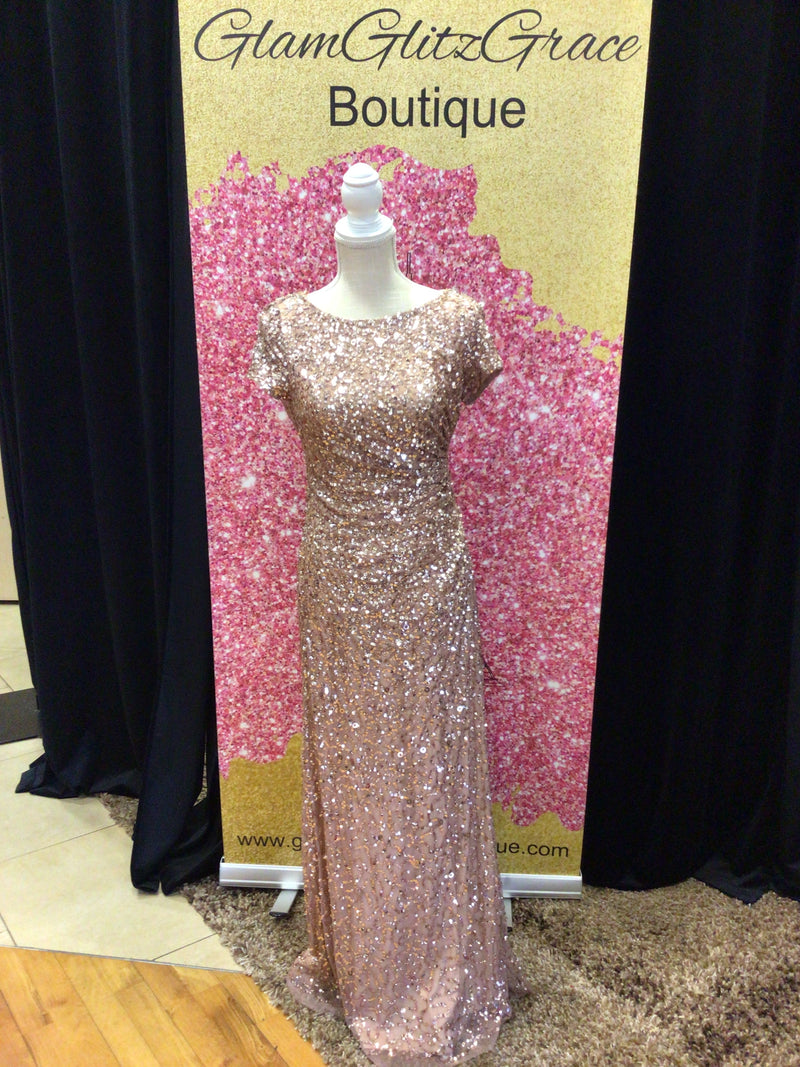 Round Neck Line Rose Gold Sequin Evening Gown