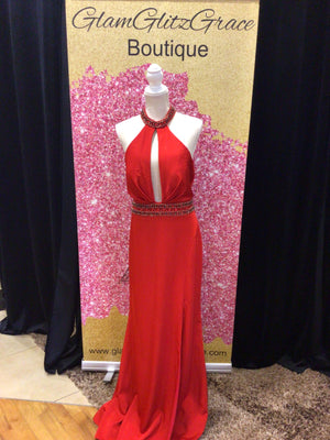 Red Halter Fitted Evening Gown With Jewels Around The Neck Line and Waist
